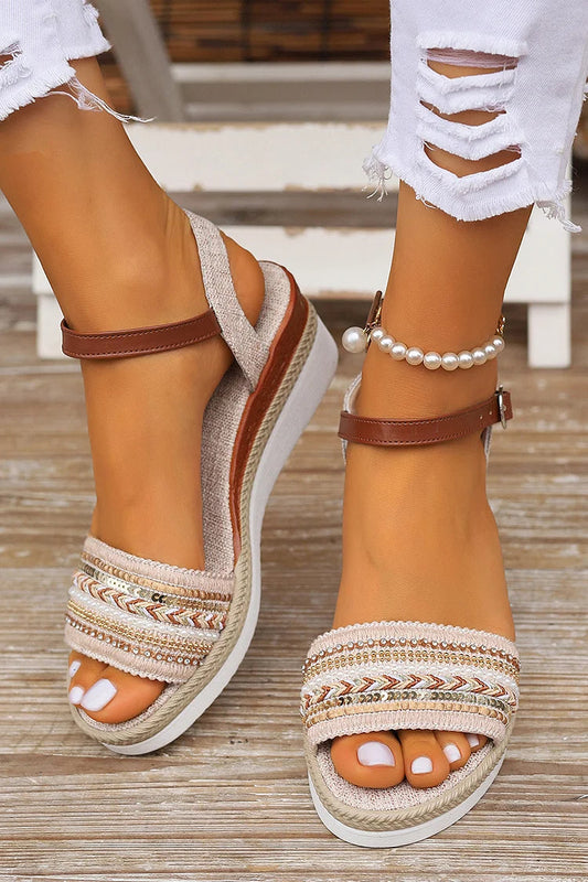 Woven Pattern Beaded Rhinestone Ankle Strap Buckle, Peep-Toe Wedge Sandals