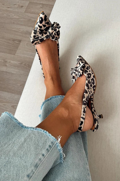 Beige Leopardenmuster Slingback mit spitzer Zehenpartie und Schleife - Kitten Heels [Vorbestellung]