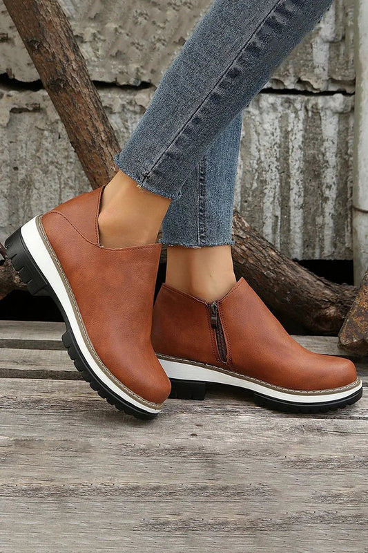 Patchwork-Ankle Boots mit runder Zehenpartie, klobigem Absatz und Reißverschluss – Lässige Stiefeletten