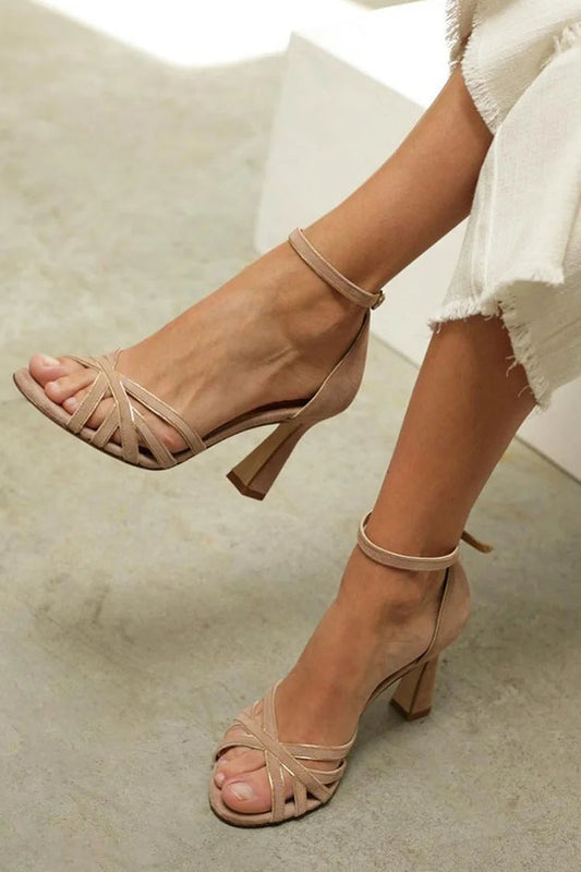 Braune Patchwork Peeptoe Stiletto-Absätze mit Hellen Schnallen und Knöchelriemen