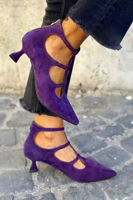 Lila Kitten-Heels mit offener Knöchelpartie, Reißverschluss und spitzem Zehenbereich