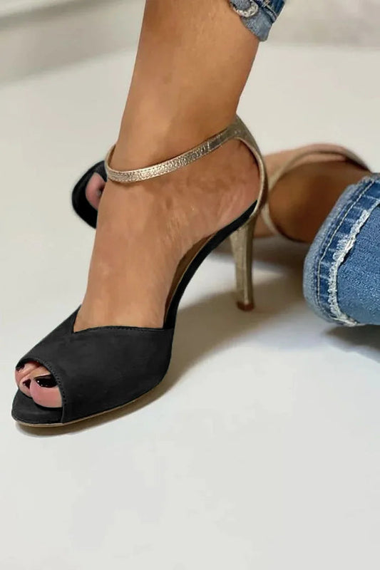 Colorblock Peep-Toe Ankle Strap Black Stiletto Heels