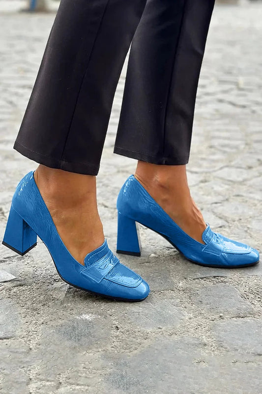 Elegante Runde Zehen Klobige Absätze aus PU-Leder im Patchwork-Design in Blau