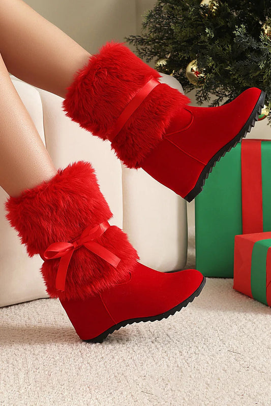 Flauschige, weihnachtliche Stiefel mit runder Zehenpartie, Keilabsatz und Schleifenbindung