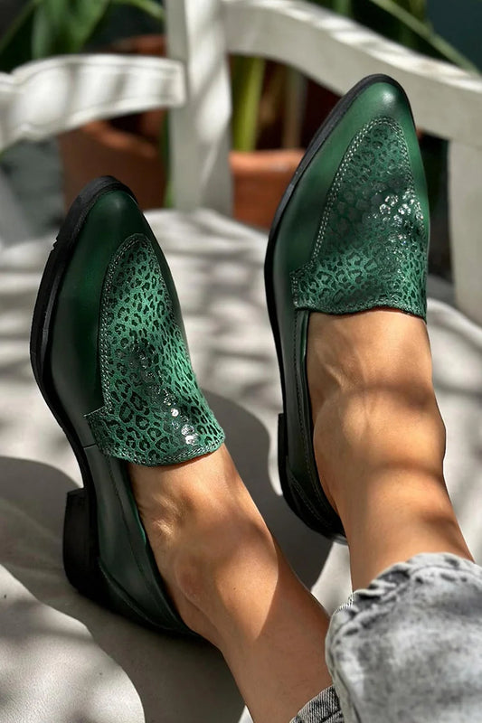 Grüne Leopardenmuster-Patchwork-Slipper mit spitzem Zehenbereich [Vorbestellung]