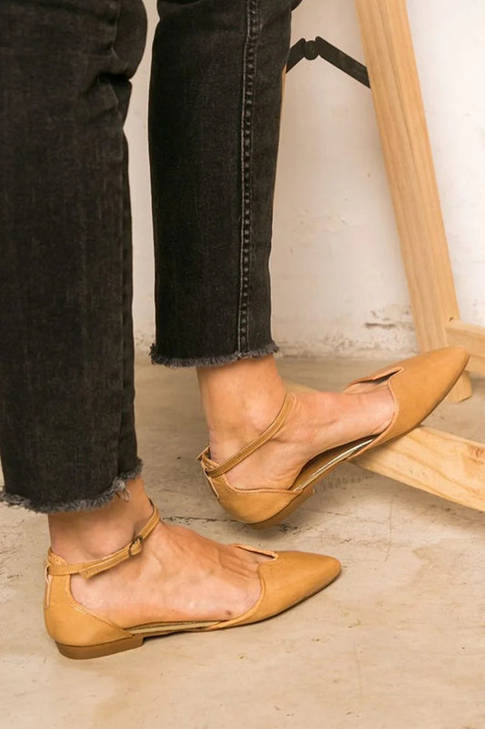 Einfarbige Khaki Flache Schuhe mit Knöchelriemen, Schnalle und Spitz zulaufender Zehenpartie [Vorbestellung]
