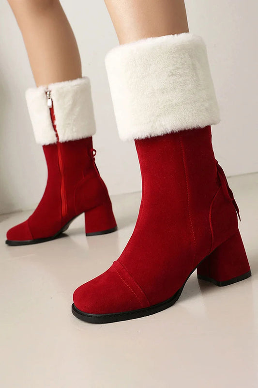 Festliche Farbblock-Stiefel mit kuscheligem Besatz, Schnürung, quadratischer Zehenpartie und robustem Absatz