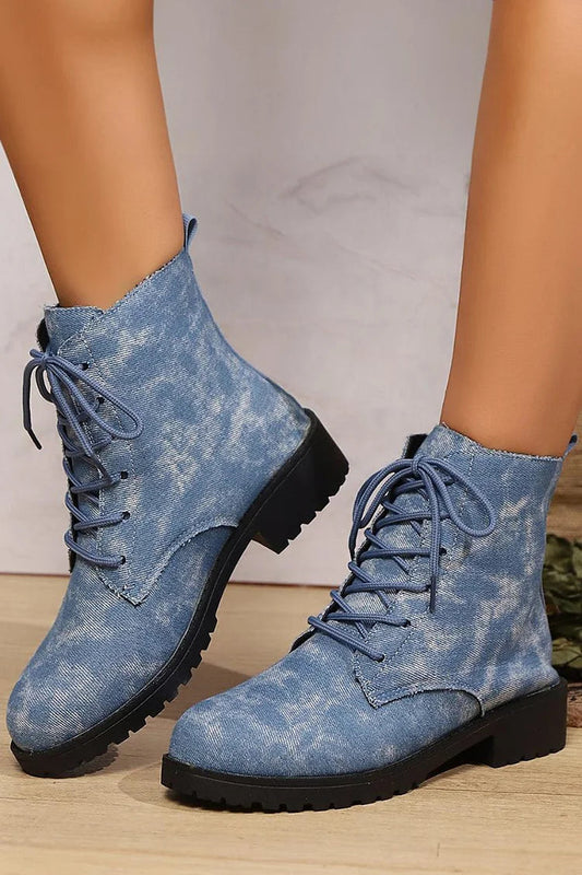 Runde Zehenpartie Denim-Stiefeletten mit Patchwork-Schnürung und robustem Absatz