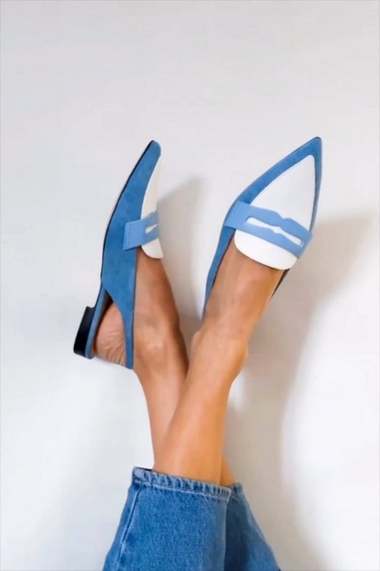 Colorblock-Blaue Ballerinas mit Slingback-Patchwork und spitzem Zehenbereich