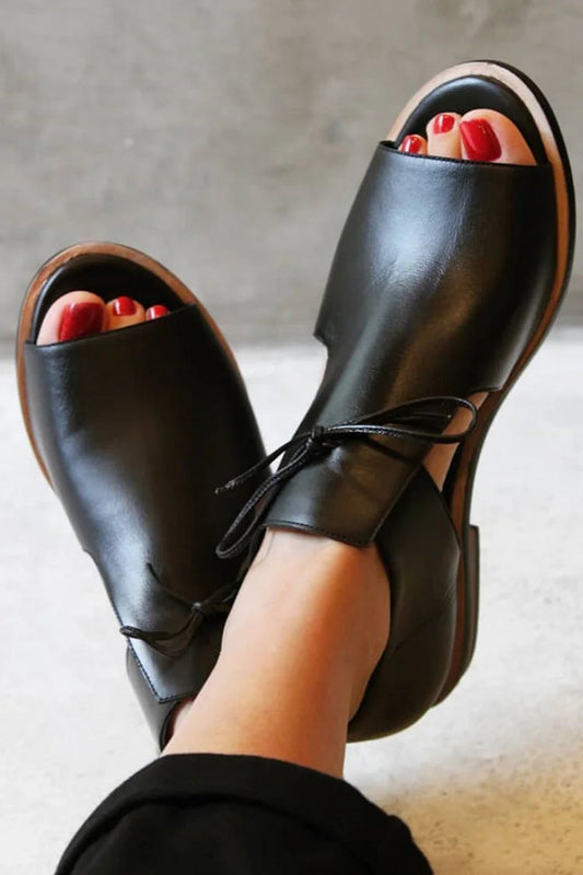 Elegante Schwarze Sandalen mit Hohlem Patchwork und Einfarbiger Schleife