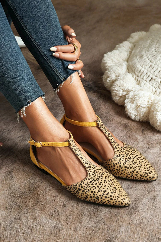Damen Freizeit-Flats mit Leopardenmuster, Colorblock-Knöchelriemen, Schnalle und spitz zulaufender Zehenpartie