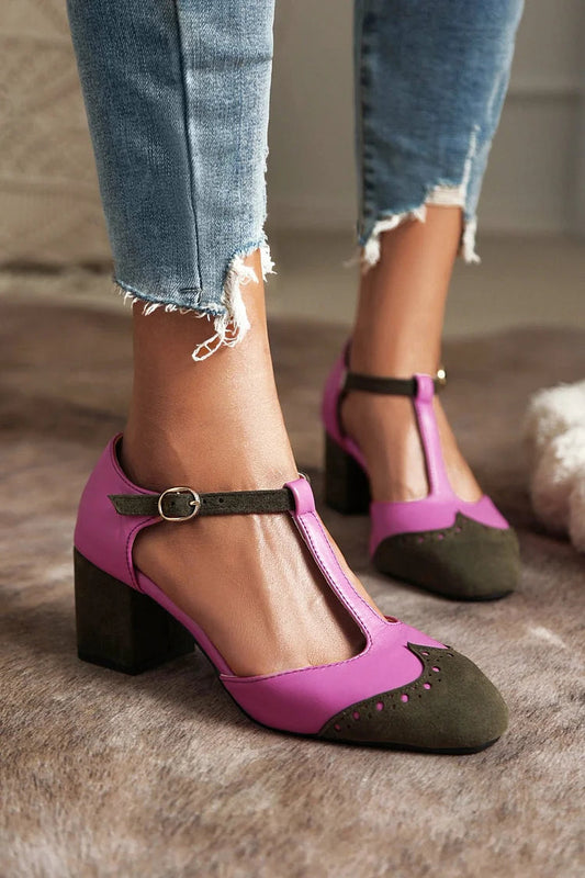 Damen High Heels aus Kunstleder mit Farbblock-Design, geschlossene Zehenpartie, klobige Absätze und ausgehöhlte Details