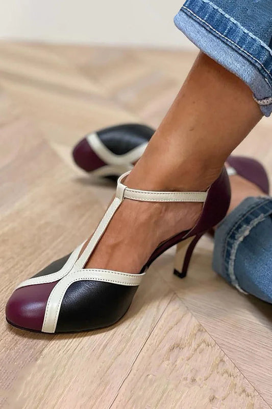 Elegante T-Riemchen Stiletto-Pumps mit Kontrastfarben und Blockabsatz