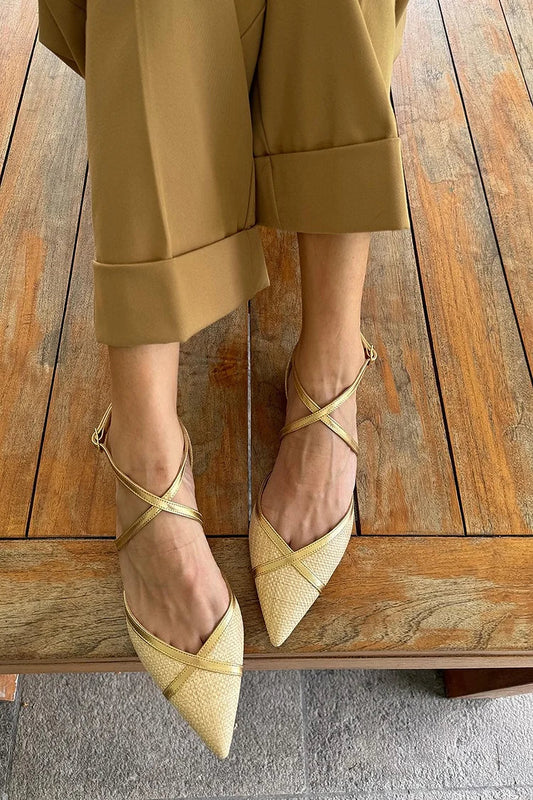 Pre-Order: Yellow Patchwork Pointed Toe Flats with Cross Strap and Buckle