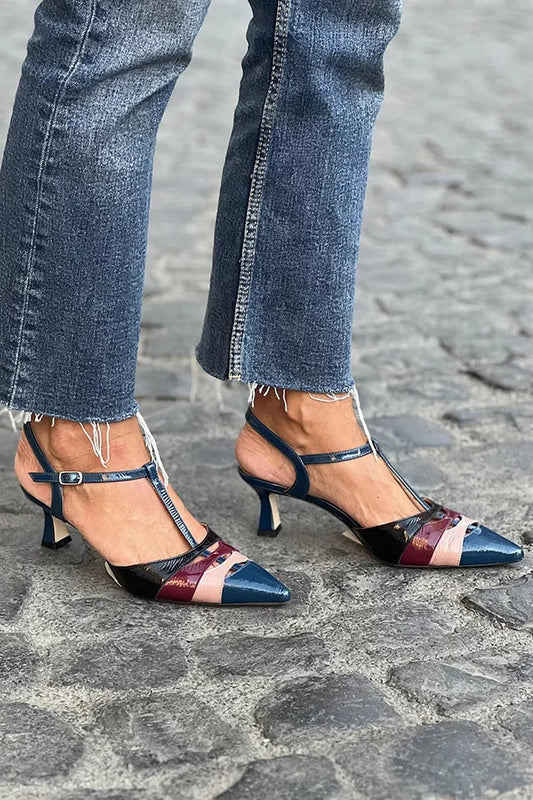 Pre-Order: Multicolor T-Strap Buckle Pointed Toe Navy Stiletto Heels