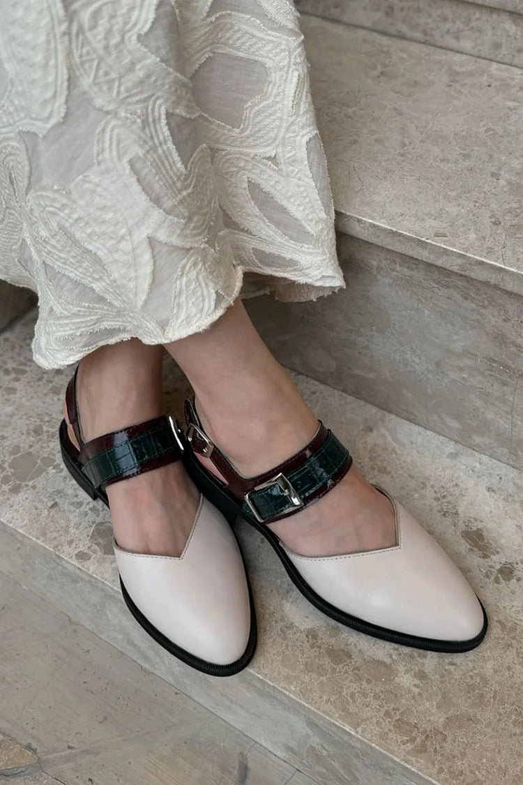 Bequeme Farbblock-Beige Schnallen-Runde Zehenriemen Ballerinas [Vorbestellung]