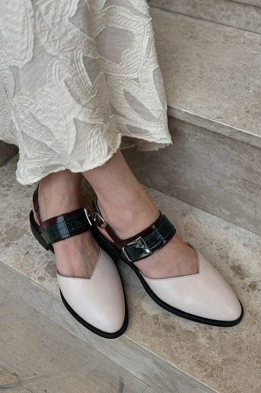 Bequeme Farbblock-Beige Schnallen-Runde Zehenriemen Ballerinas [Vorbestellung]