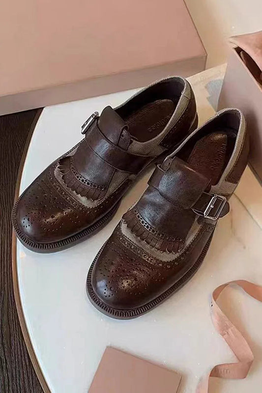Brogue-Loafer mit Fransen, Patchwork-Riemen und runder Zehenform