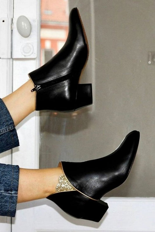 Schwarze Patchwork-Stiefeletten mit spitzer Zehenpartie und Reißverschluss [Vorbestellung]