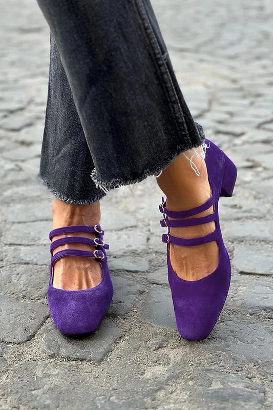 Lila Chunky High Heels mit Mehrfachriemen, Schnalle und eckiger Zehenpartie (2 Farben)