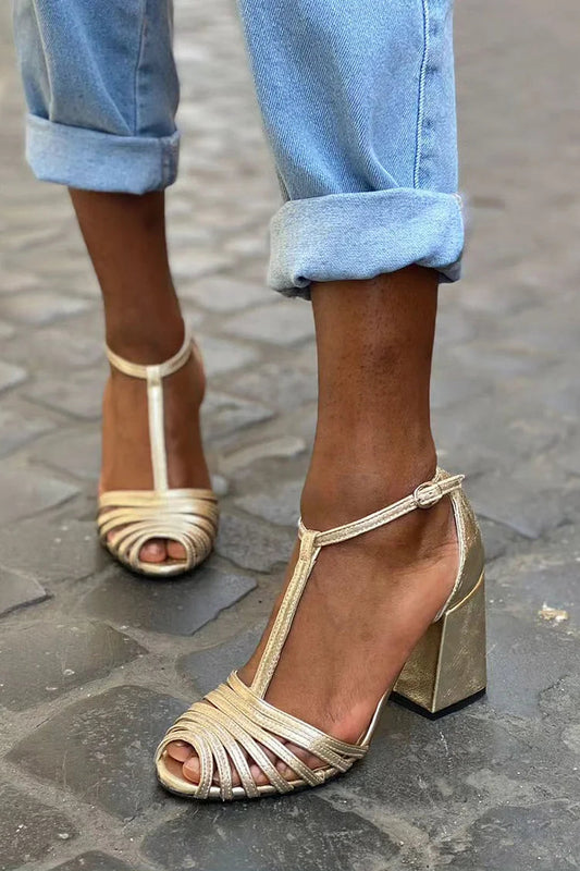 Chunky Peep-Toe Heels with Strappy T-Buckle Design