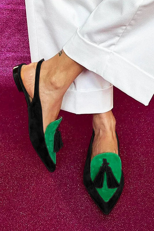 Schwarze Colorblock-Ballerinas mit spitzem Zehenbereich, Quasten und Slingback-Design