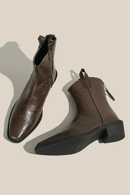 Einfarbige Stiefeletten mit quadratischer Zehenpartie, Patchwork-Reißverschluss und robustem Absatz