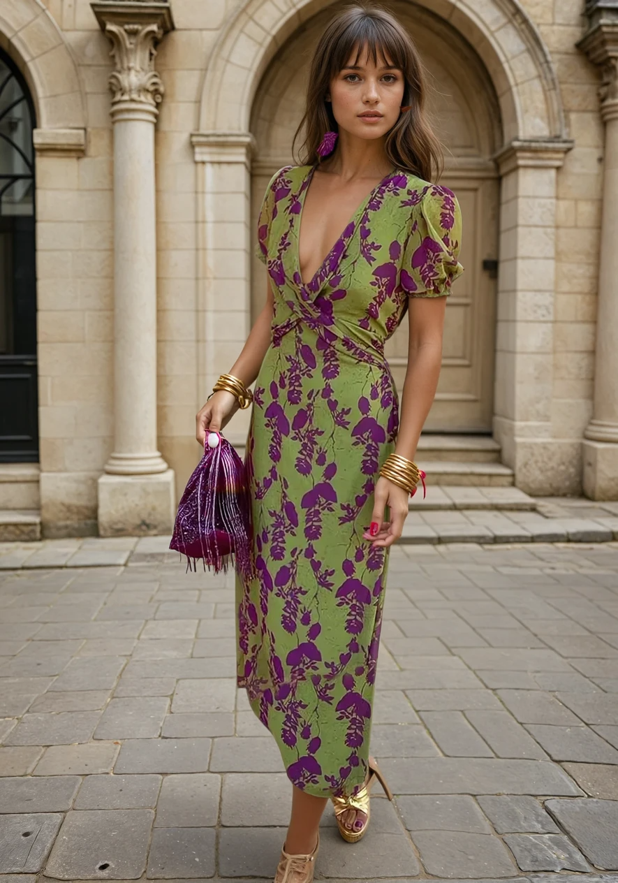 Carina | Langes Damenkleid mit Blumenmuster und V-Ausschnitt