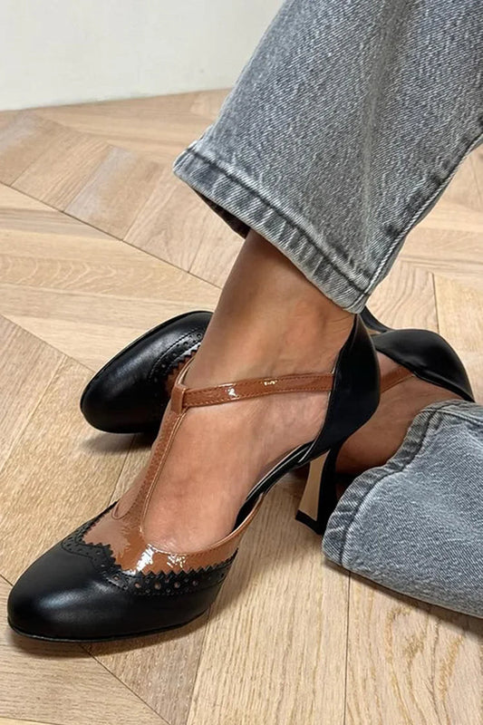 Schwarze Patchwork-Stiletto-Absätze mit T-Riemen, Schnalle und runder Zehenpartie