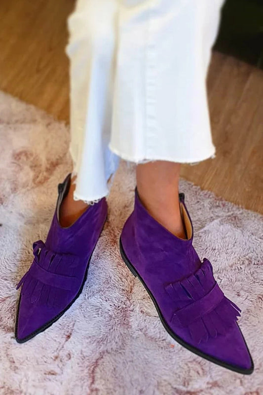 Lila Wildlederimitat-Stiefel mit Quasten und spitzem Zehenbereich