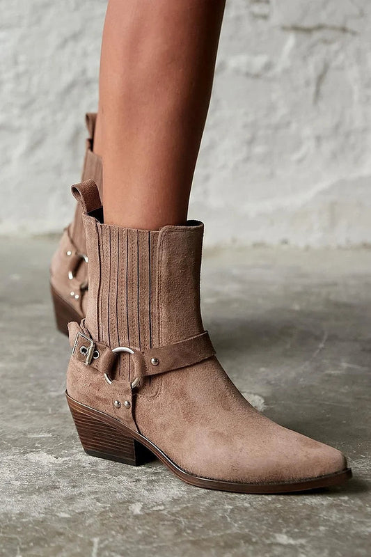Braune Patchwork-Westernstiefel mit spitzem Zehenbereich und robustem Absatz [Vorbestellung]