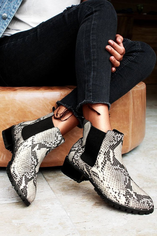 Graue Stiefeletten mit Schlangenmuster-Patchwork und runder Zehenform [Vorbestellung]