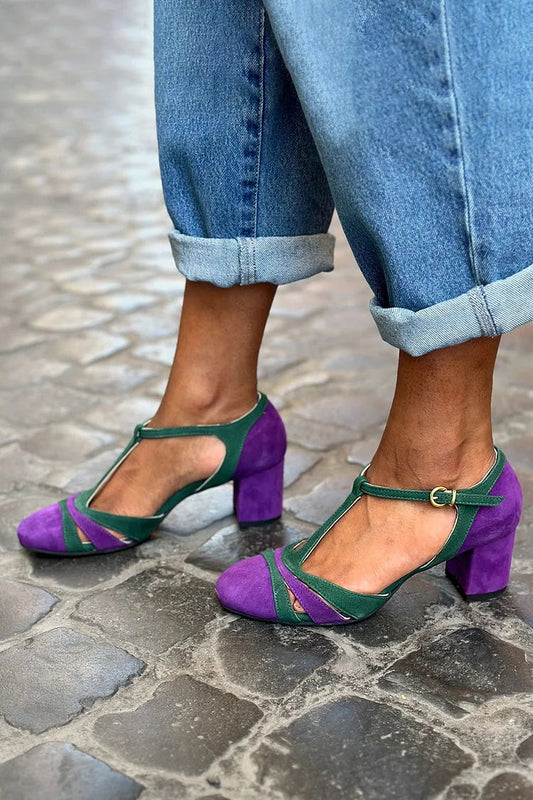 Lila Chunky Heels mit T-Riemen, Farbblock-Schnalle und runder Zehenpartie