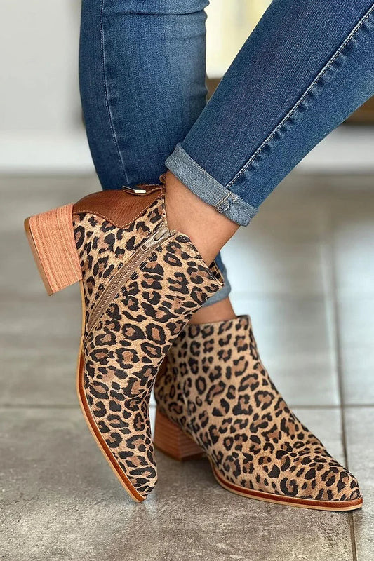 Khakifarbene Patchwork-Stiefeletten mit Leopardenmuster und spitzer Zehenpartie [Vorbestellung]