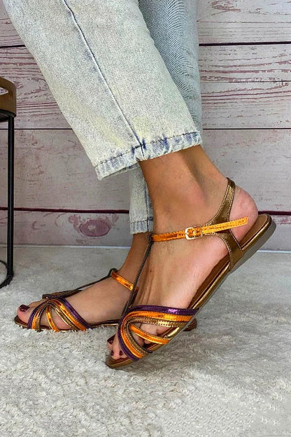Bunte Peep-Toe-Sandalen mit goldfarbener T-Riemenschnalle