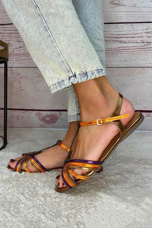 Bunte Peep-Toe-Sandalen mit goldfarbener T-Riemenschnalle