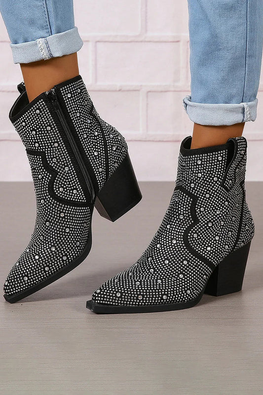 Stiefeletten mit Strassverzierungen, Patchwork-Reißverschluss und spitzem Zehenbereich