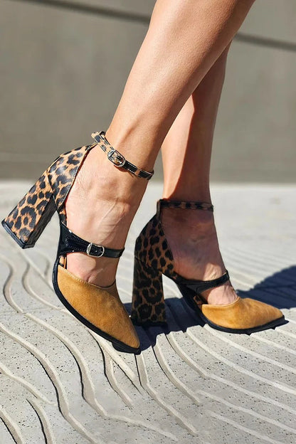 Khaki Farbblock-High Heels mit spitzem Zehenbereich und Leopardenmuster