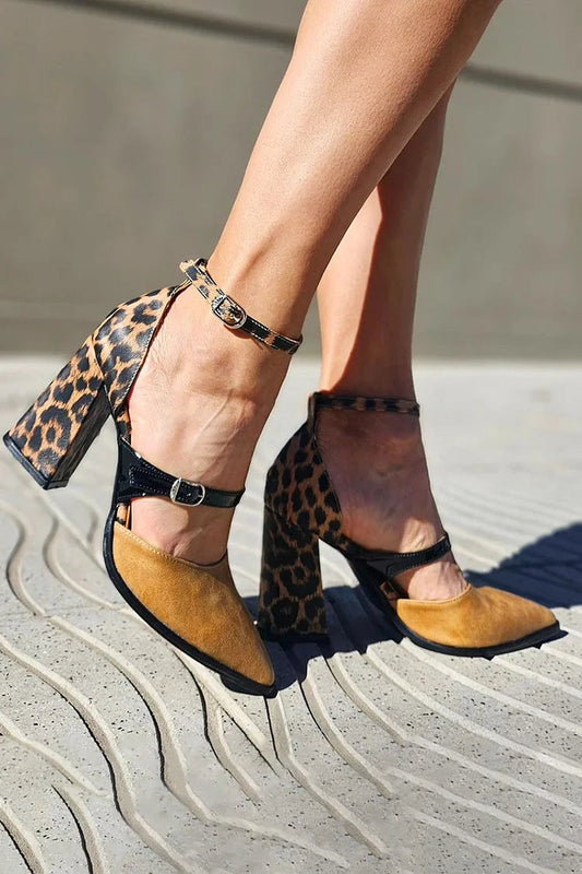 Khaki Farbblock-High Heels mit spitzem Zehenbereich und Leopardenmuster