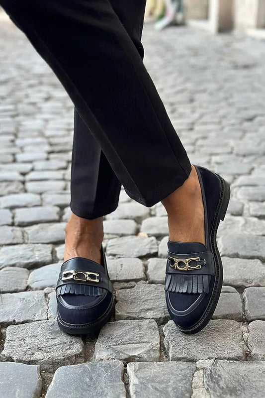 Schwarze Patchwork-Loafer mit Metallschnalle, Fransen und runder Zehenpartie [Vorbestellung]