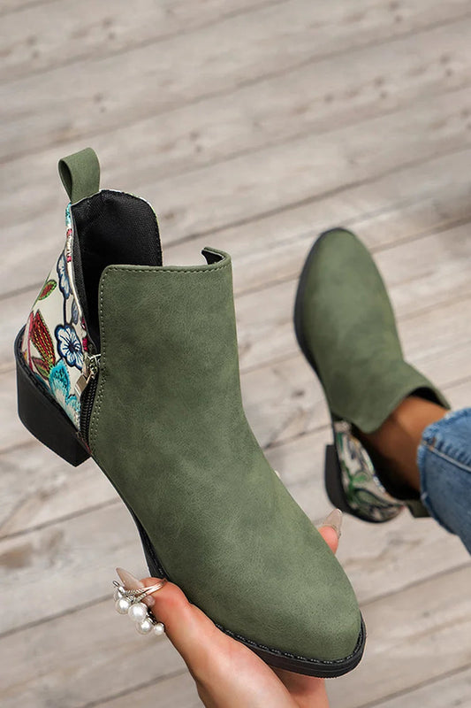 Blumenmuster Stiefeletten mit Patchwork-Reißverschluss und spitzem Zehenbereich