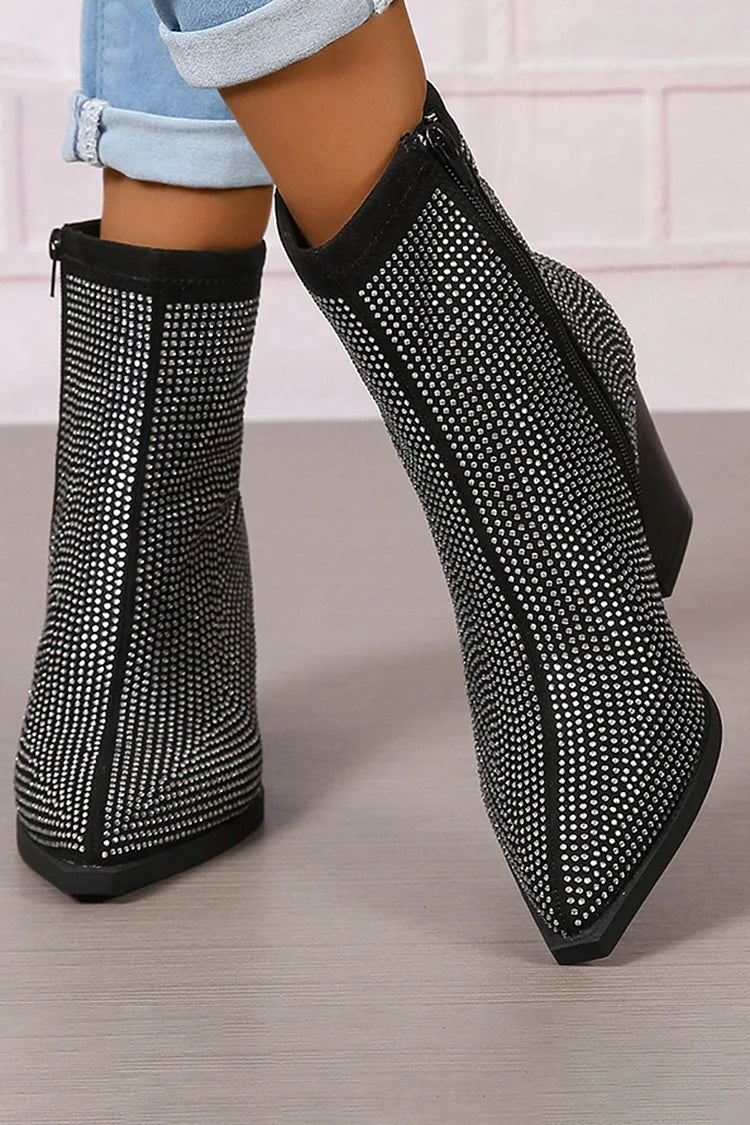 Spitz zulaufende Strass-Stiefeletten mit Reißverschluss und robustem Absatz