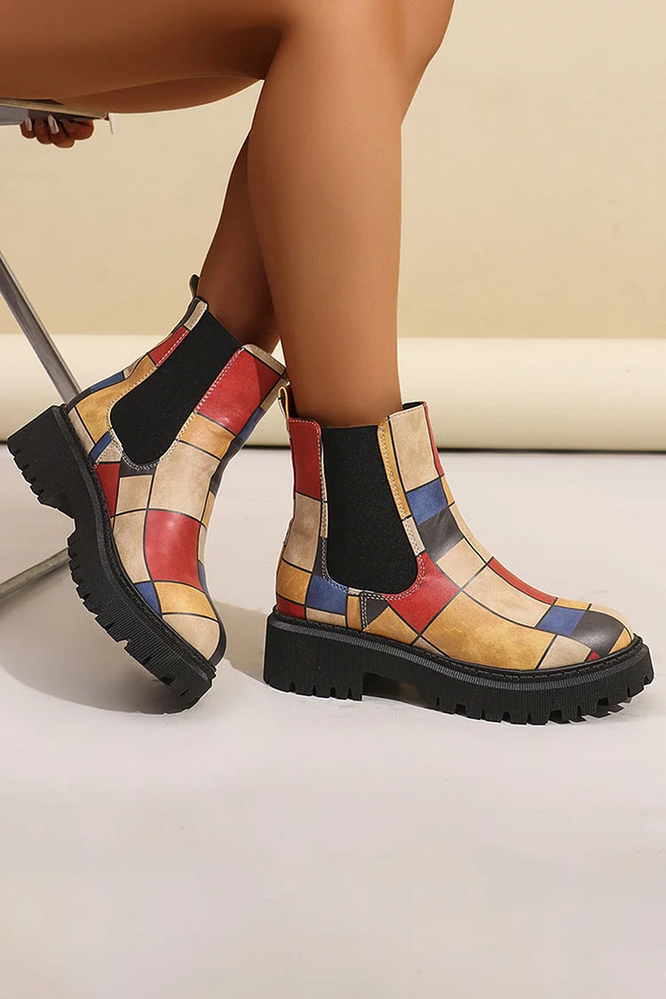 Mehrfarbige Patchwork-Stiefeletten mit robustem Absatz und runder Zehenpartie