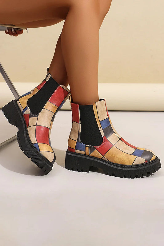 Mehrfarbige Patchwork-Stiefeletten mit robustem Absatz und runder Zehenpartie