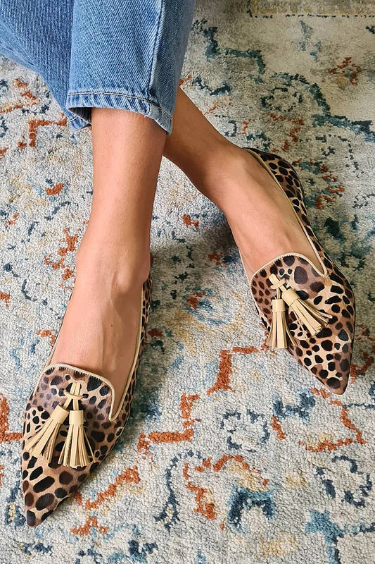 Leopardenmuster mit Quasten-Dekor an spitzen, bedruckten, lässigen Ballerinas