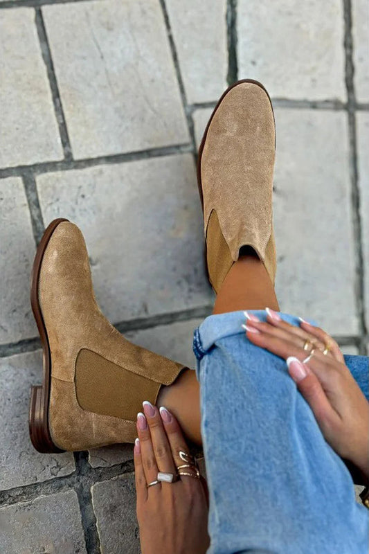 Khaki Chelsea-Stiefeletten im Patchwork-Design mit spitzer Zehenpartie – Zum Hineinschlüpfen [Vorbestellung]