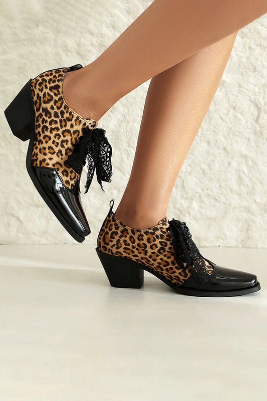 Leopardenmuster-Oxford-Schuhe mit Patchwork, quadratischer Zehenpartie und klobigem Absatz