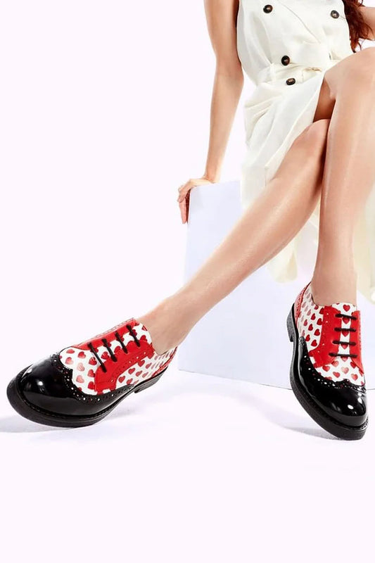 Pre-Order: Heart Print Colorblock Round Toe Black Oxfords