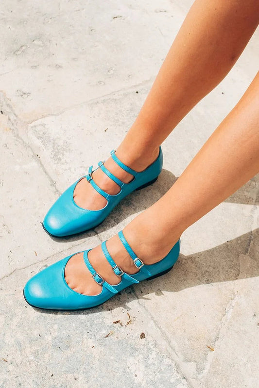 Einfarbige Blaue Ballerinas mit Mehrfachriemen und Schnallen, Runde Zehenpartie [Vorbestellung]