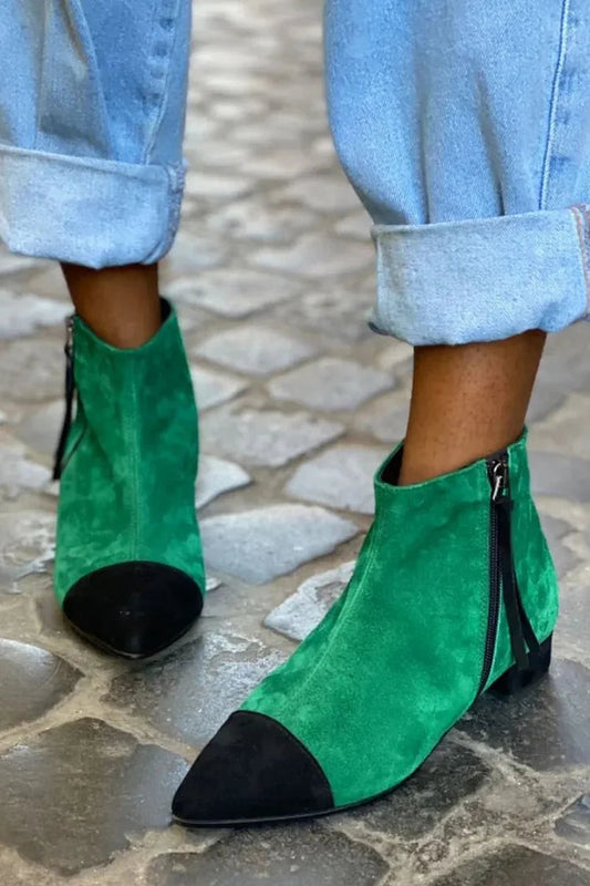 Grüne Farbblock-Stiefeletten mit spitzer Zehenpartie und niedrigem Blockabsatz [Vorbestellung]